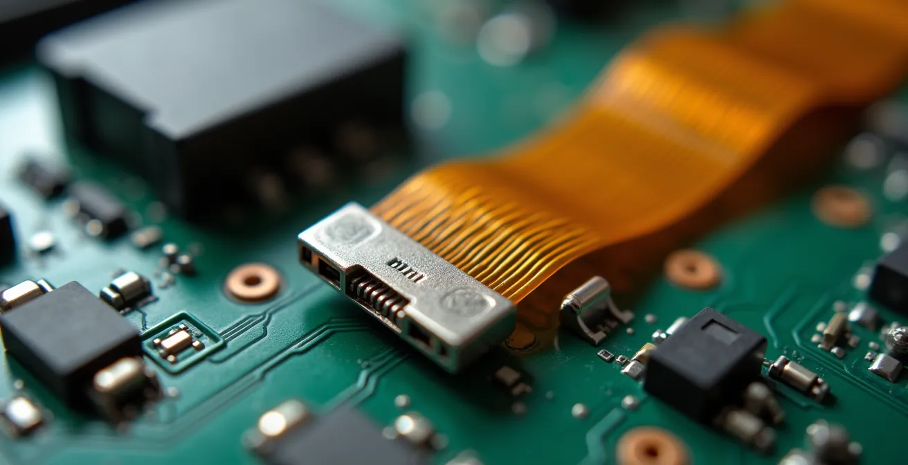 Detalle de cable flex y conectores delicados en el interior de un portátil