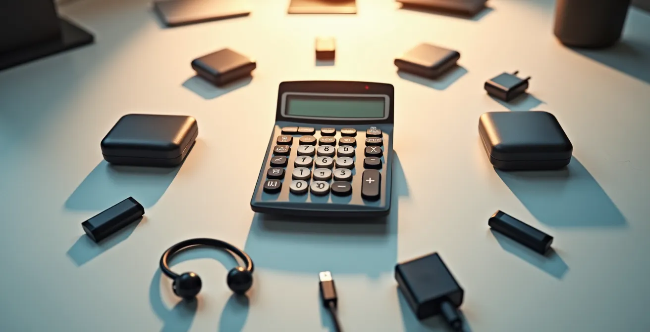 Calculadora vintage rodeada de accesorios tecnológicos diversos sin marcas visibles