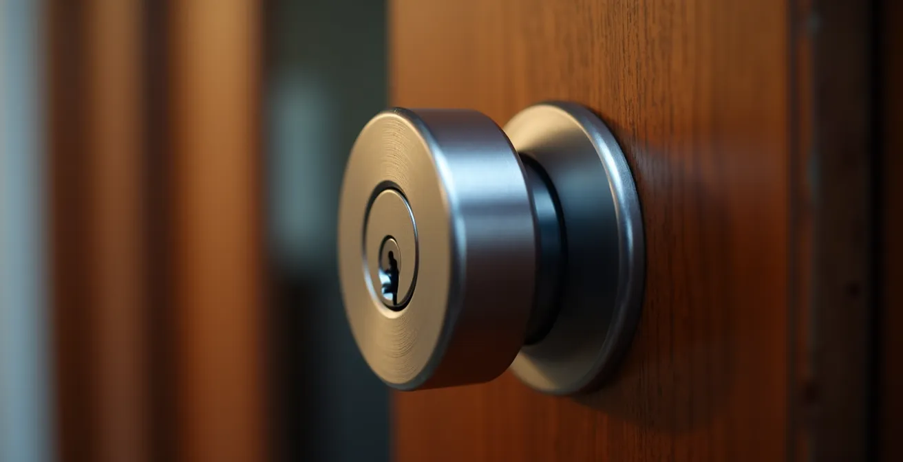 Cerradura electrónica moderna en una puerta de entrada, mostrando su robustez y diseño minimalista.
