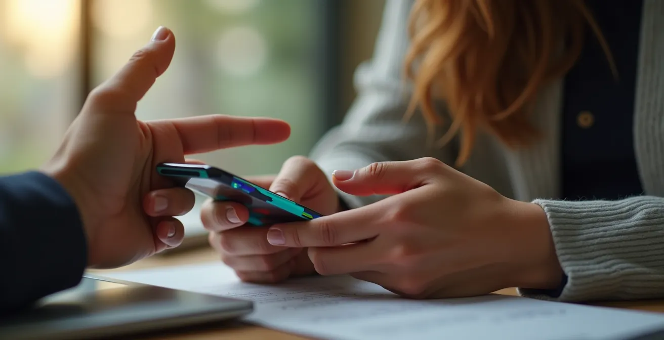 Primer plano de manos sosteniendo un dispositivo móvil con gestos naturales de conversación, luz cálida de ventana