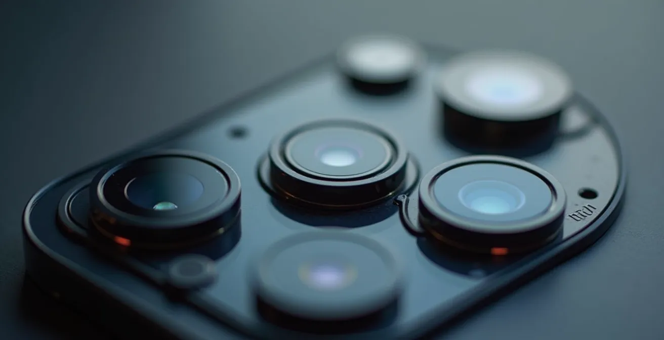 Vista macro comparando sensores de cámara de diferentes tamaños en smartphones