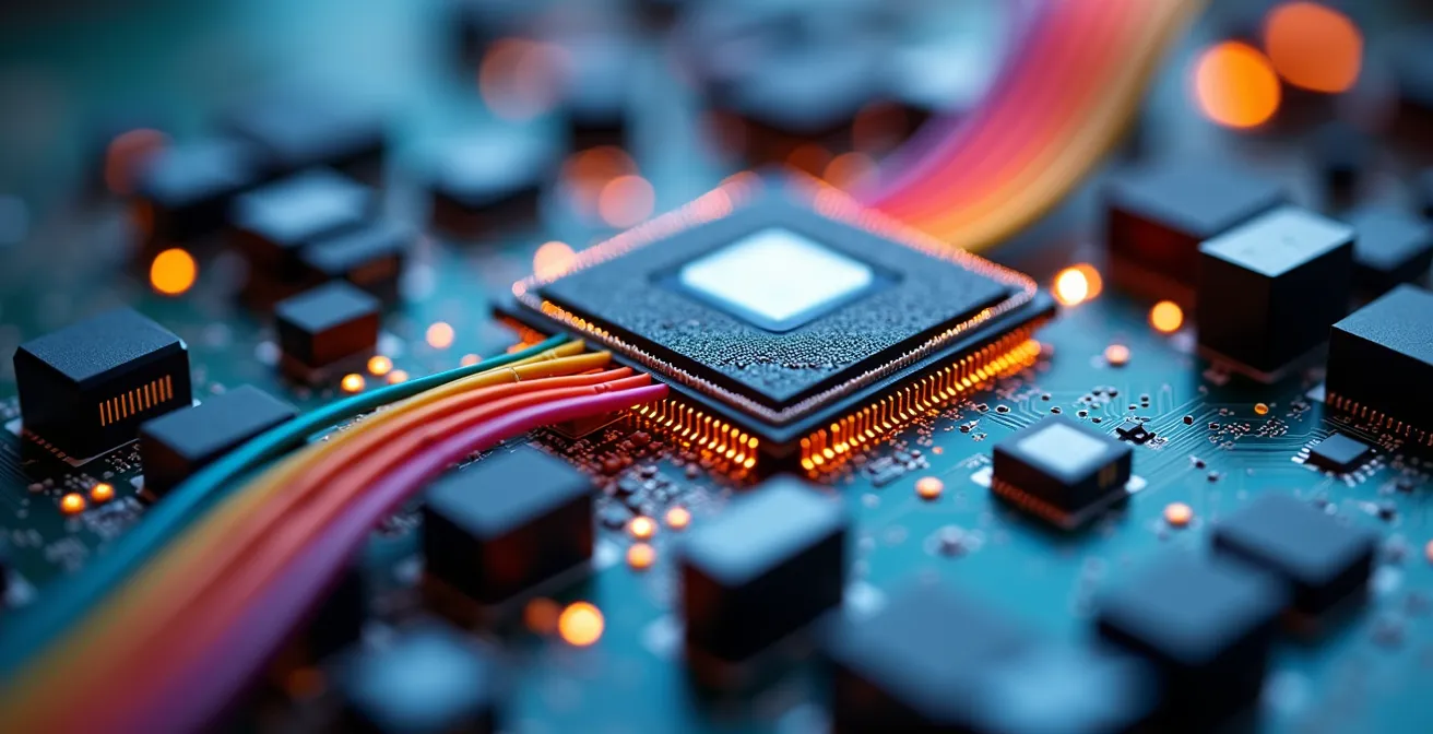 Visualización macro de procesamiento de códecs de video mostrando compresión y calidad