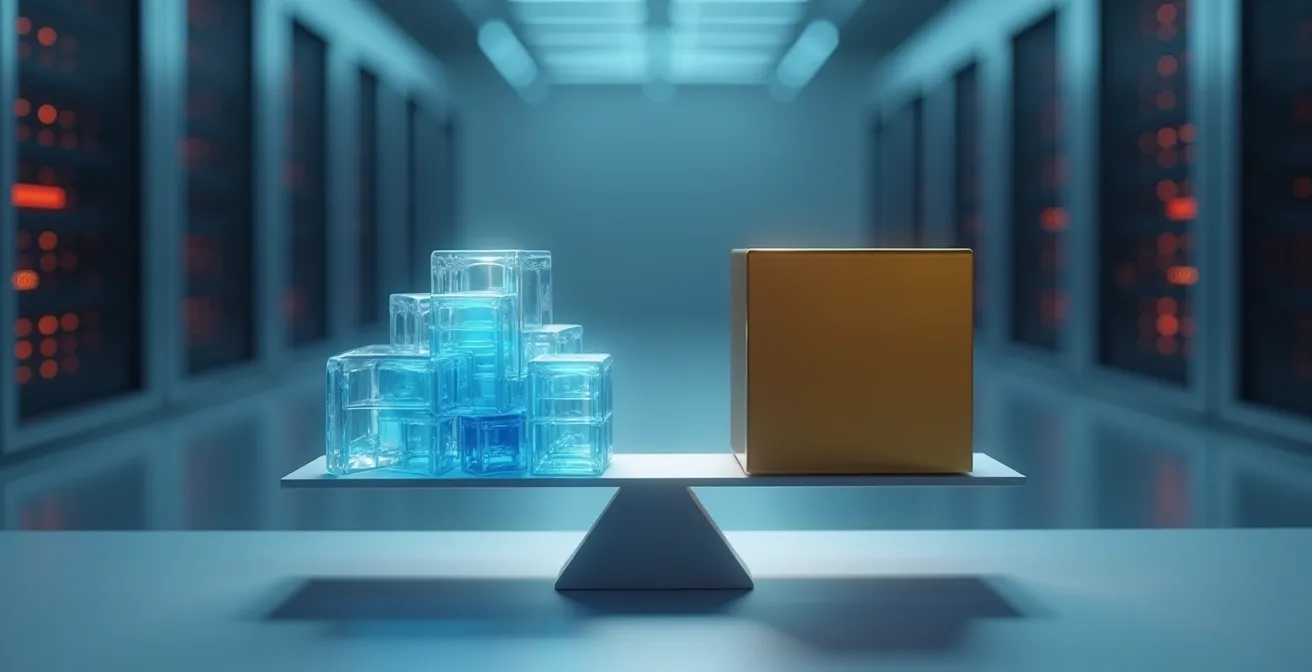 Comparación visual de diferentes opciones de instancias GPU en la nube, mostrando una balanza equilibrada entre coste y estabilidad.