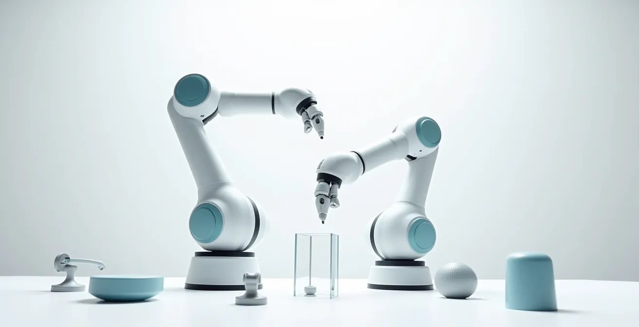 Efectores de cobot: ventosas de silicona y pinza adaptativa manipulando productos delicados