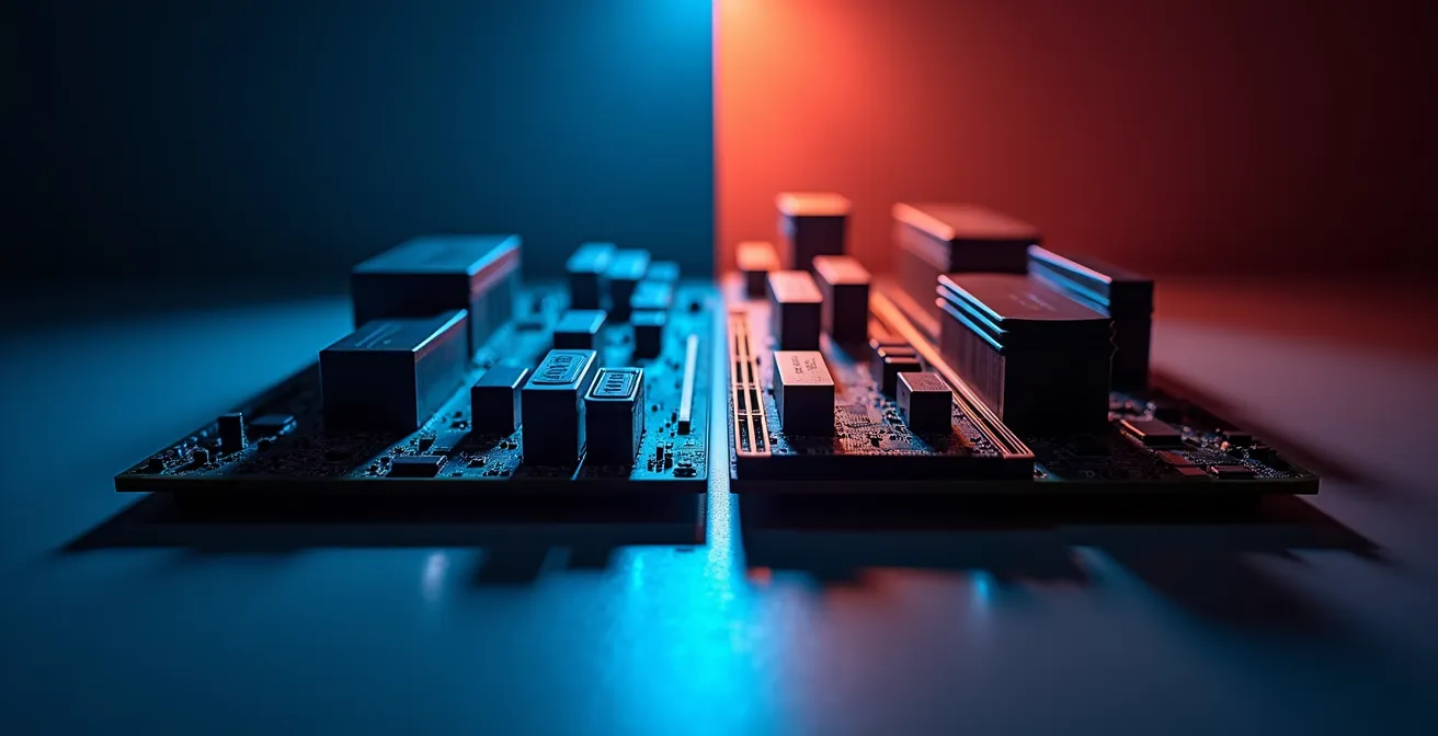 Comparación visual de placas base y memorias DDR4 vs DDR5 mostrando evolución tecnológica