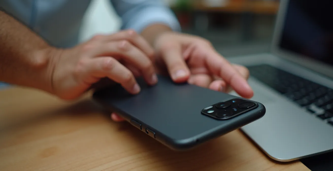 Mano sosteniendo un smartphone que muestra diferentes estilos de notificaciones push con elementos visuales y botones de acción.