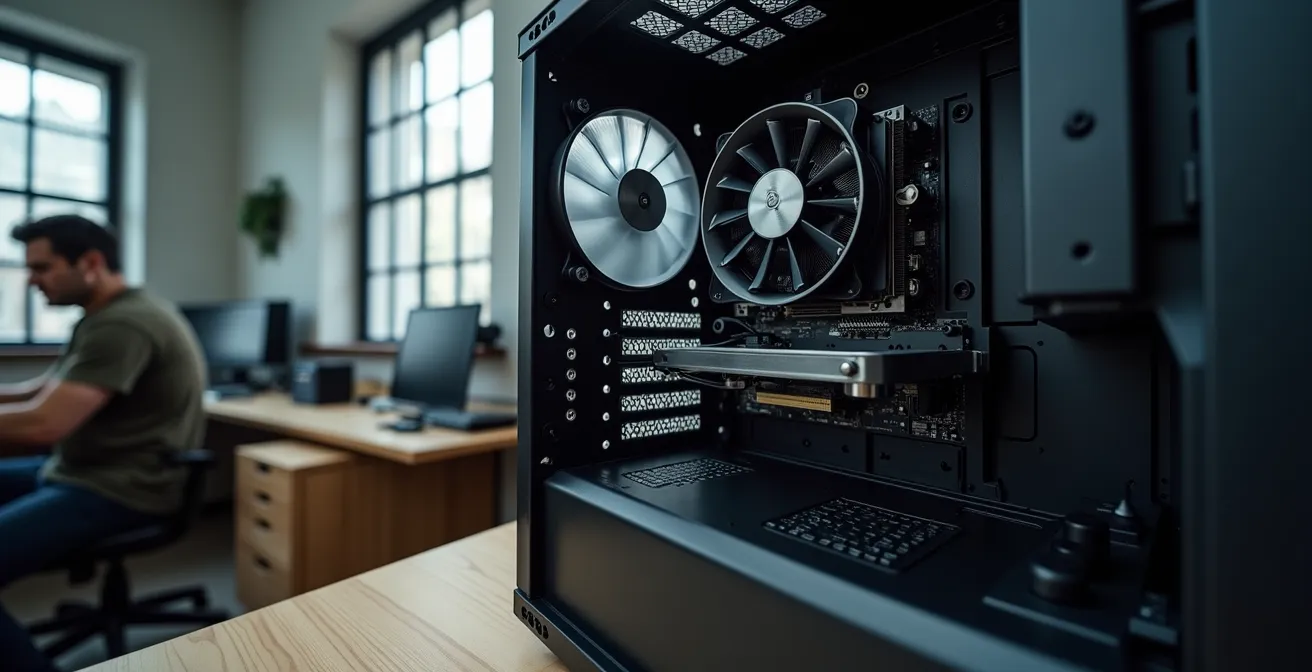 Interior de caja gaming mostrando el ajuste preciso de componentes y flujo de aire