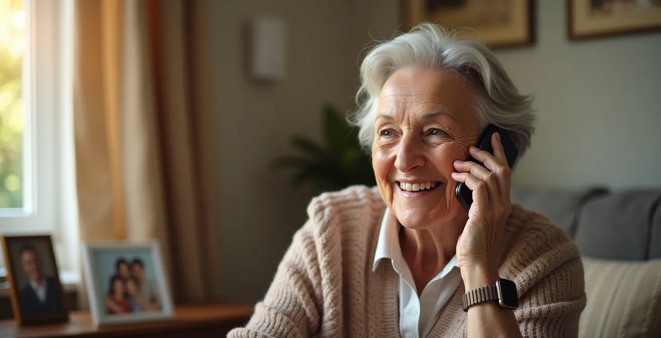 Persona mayor sonriendo mientras habla por teléfono con familiar, con tecnología de monitoreo visible pero secundaria