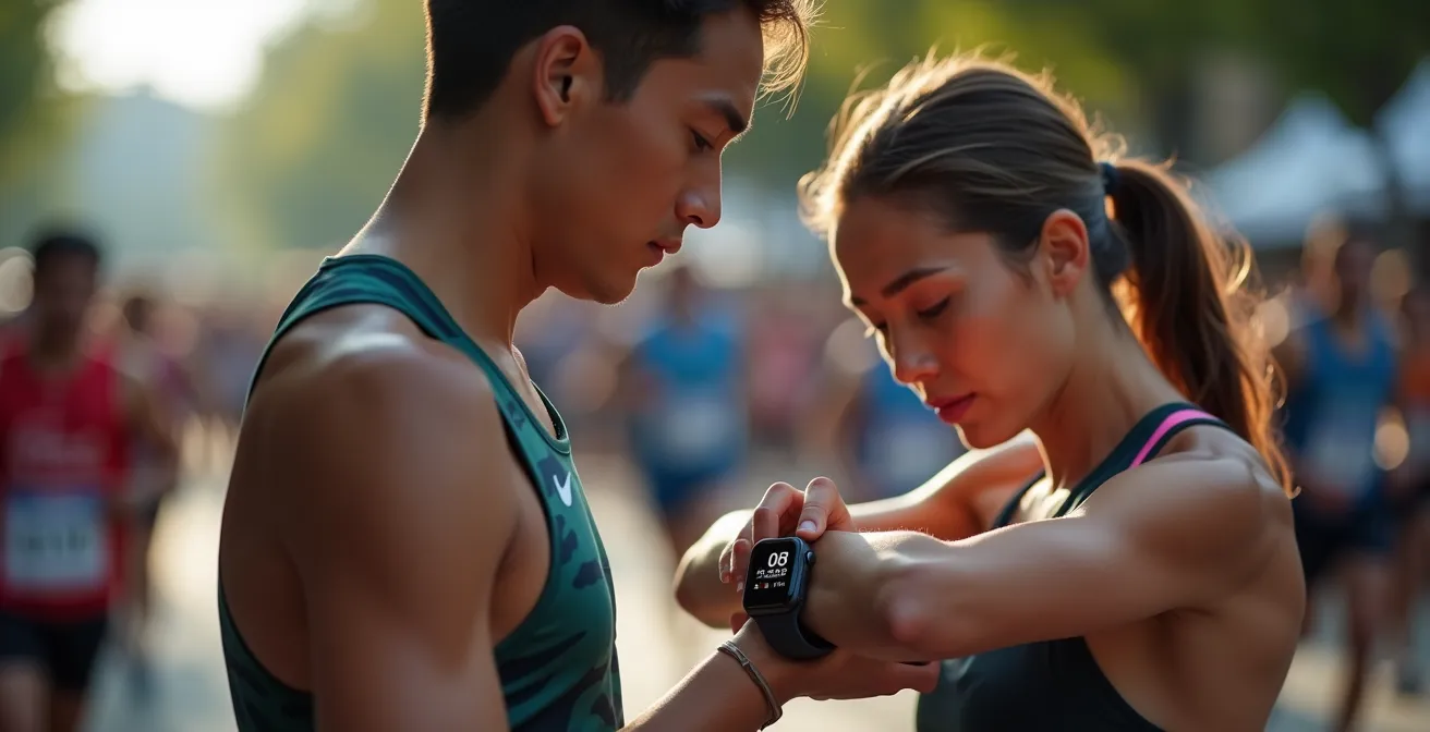 Atleta ajustando configuración de reloj antes de maratón
