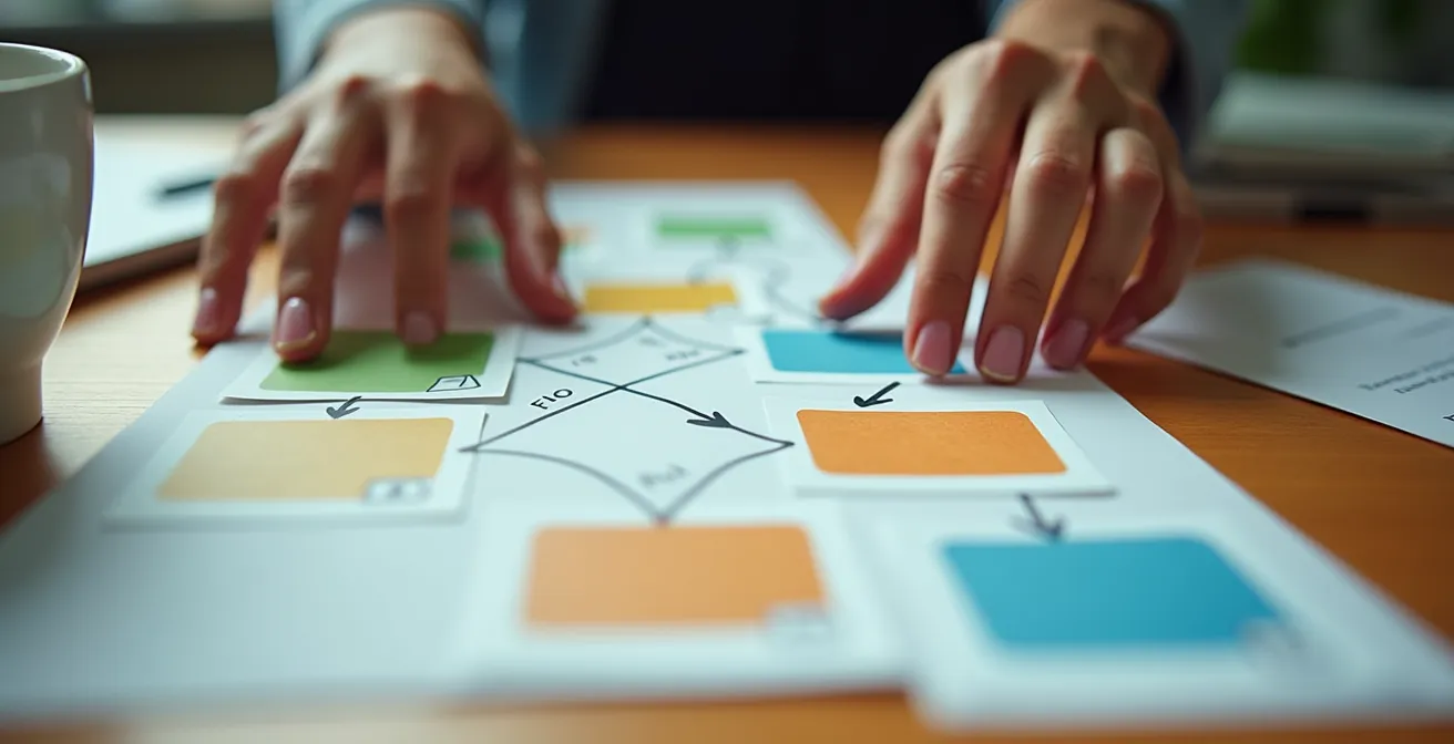 Vista macro detallada de manos configurando un sistema de chatbot mediante interfaces visuales sin código