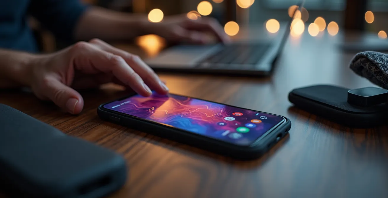 Detalle macro de manos editando video en smartphone con accesorios profesionales