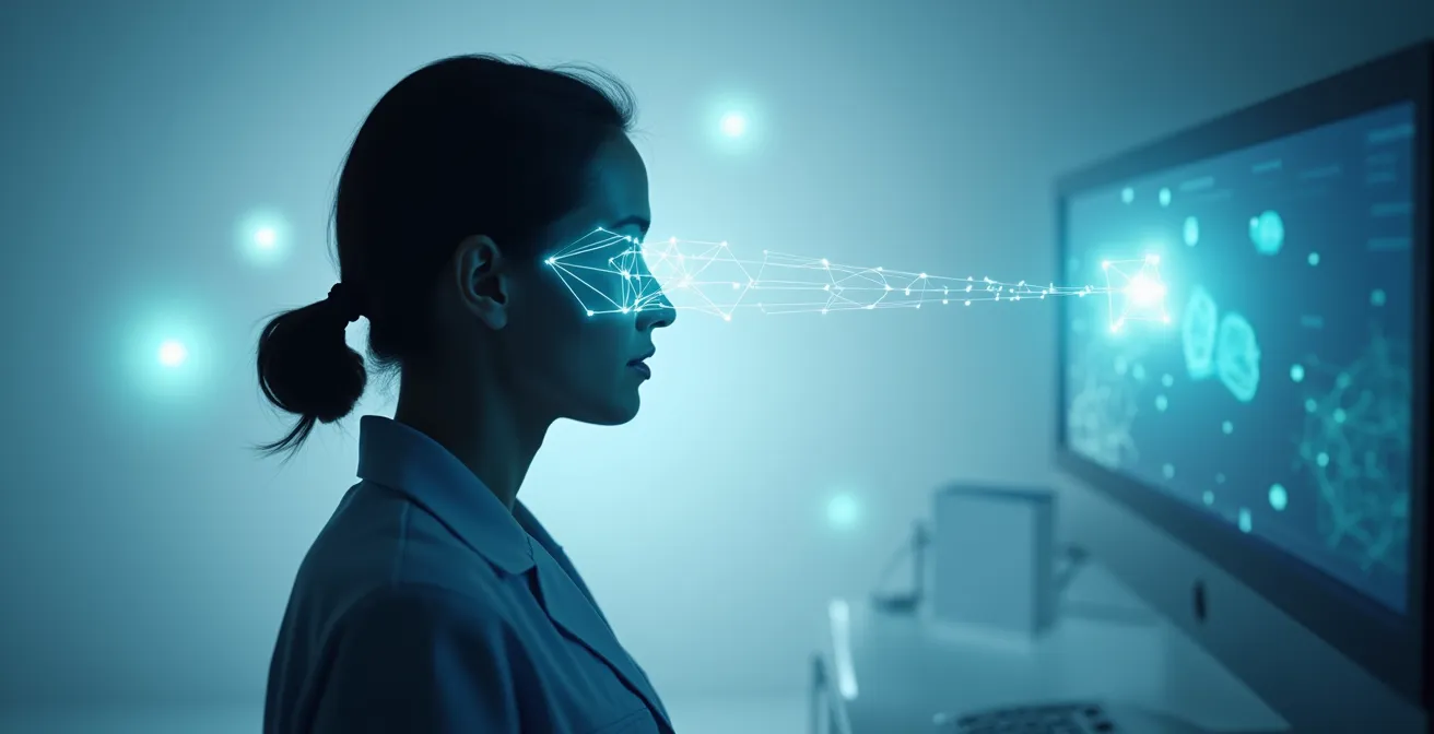 Sistema de control por mirada mostrando calibración y zonas de interacción visual en un entorno limpio