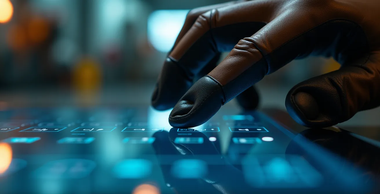 Vista macro de superficie de pantalla táctil capacitiva con textura de guante industrial cerca