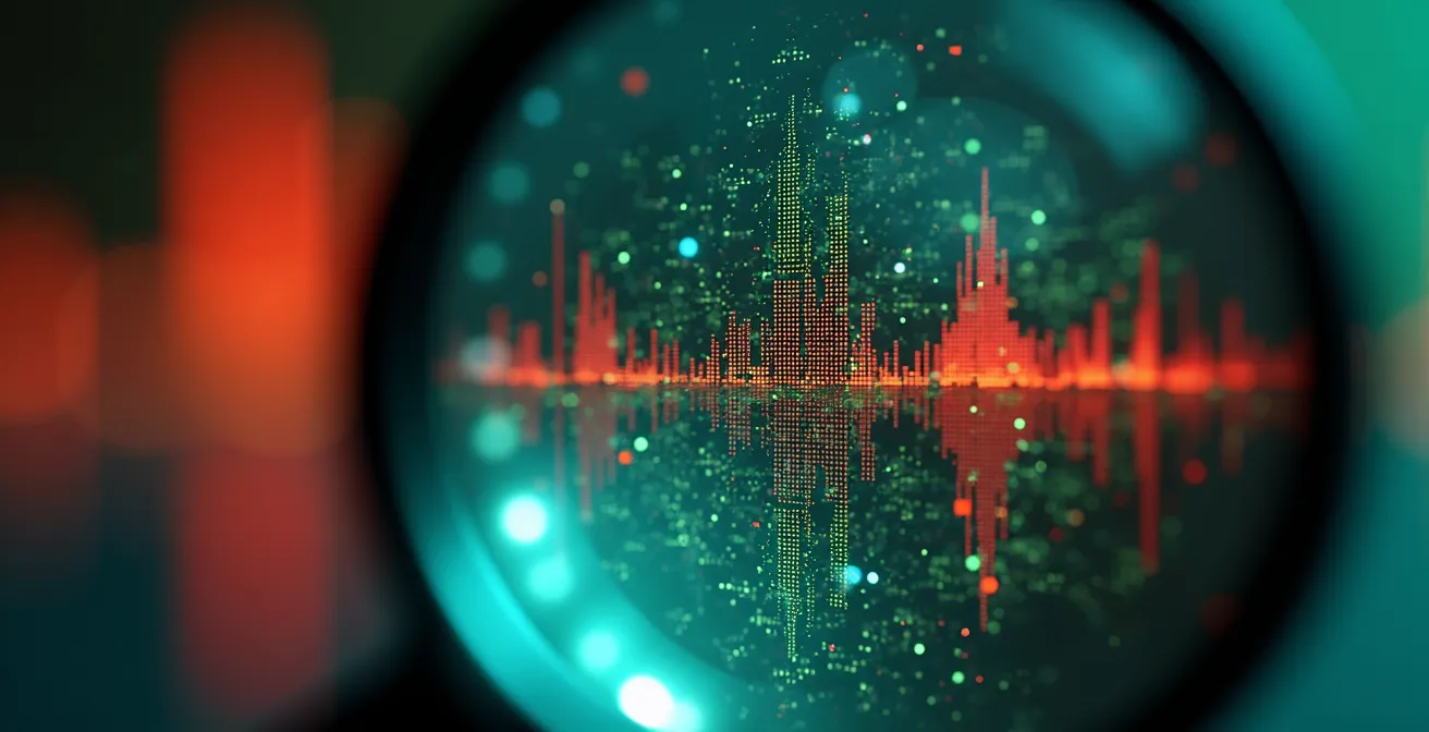 Detalle macro de una lupa examinando patrones de datos abstractos con diferentes capas de profundidad