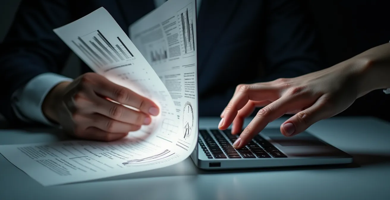 Profesional comparando trabajo entre Excel familiar y nuevo sistema ERP