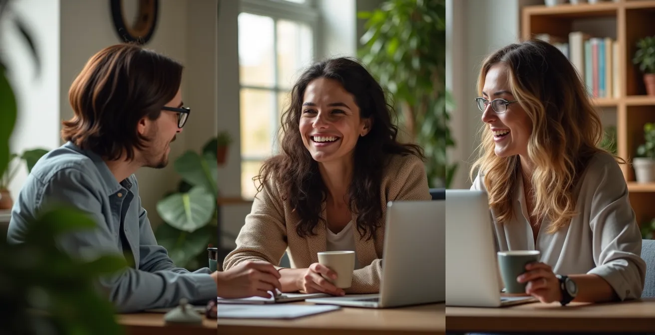 Profesionales diversos conectando virtualmente en espacios de trabajo individuales con luz natural