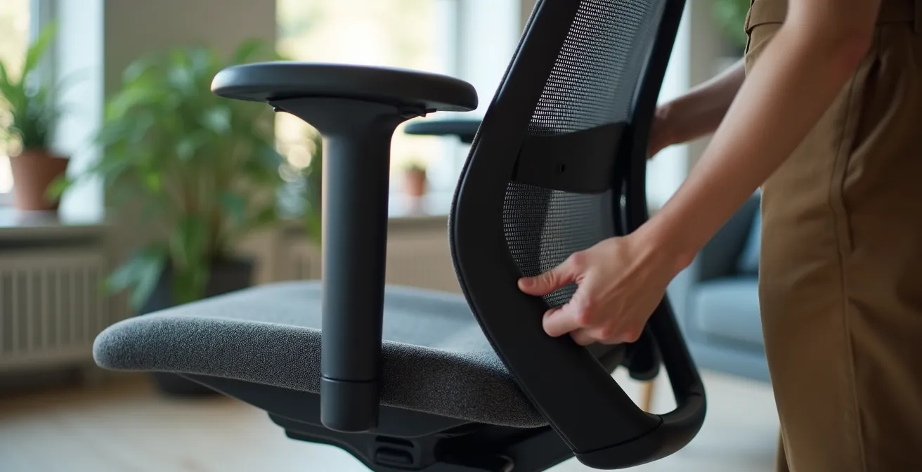 Espacio de trabajo en casa con silla ergonómica y escritorio ajustable rodeado de plantas