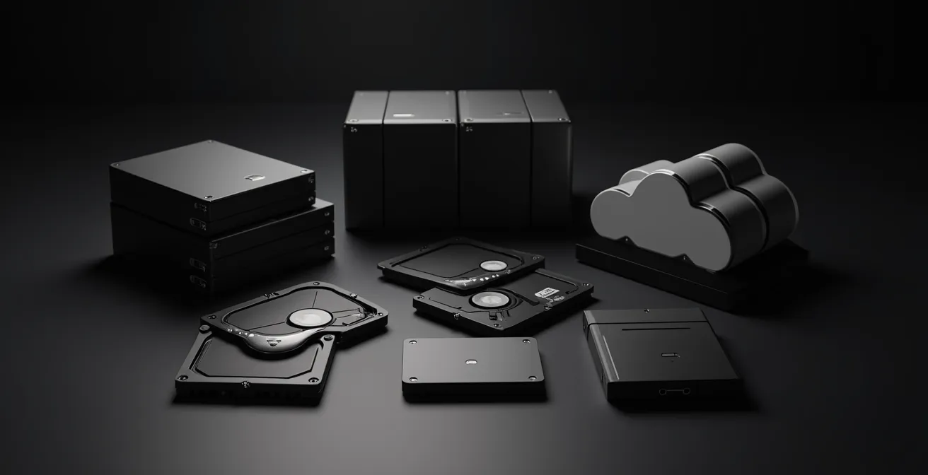 Configuración de backup mostrando múltiples dispositivos de almacenamiento organizados según la regla 3-2-1