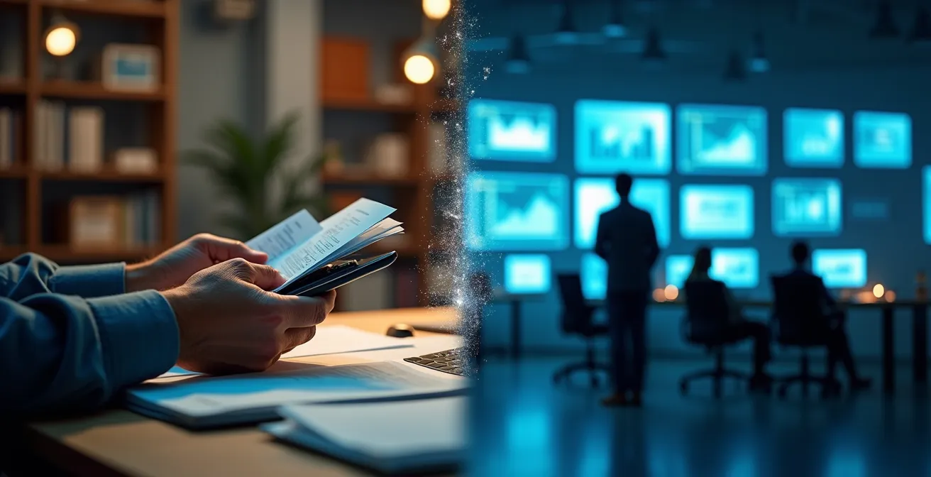 Transición visual del trabajo contable manual a análisis estratégico con herramientas digitales