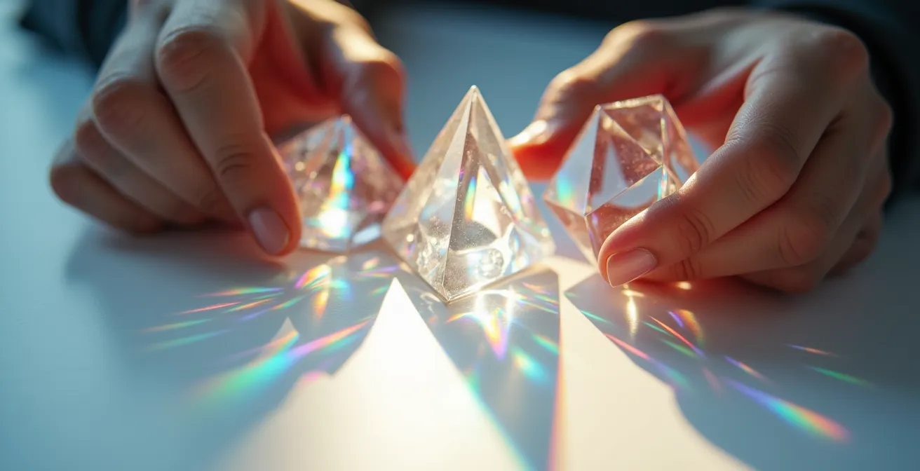 Primer plano macro de manos diversas sosteniendo prismas de cristal que refractan luz en patrones geométricos coloridos