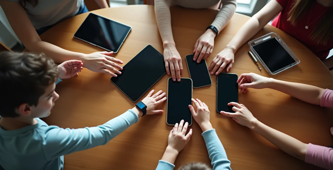 Mesa familiar con diversos dispositivos tecnológicos y manos de diferentes edades interactuando