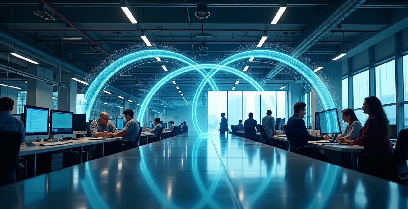 Vista aérea de planta industrial con flujos de datos conectando producción con oficinas comerciales