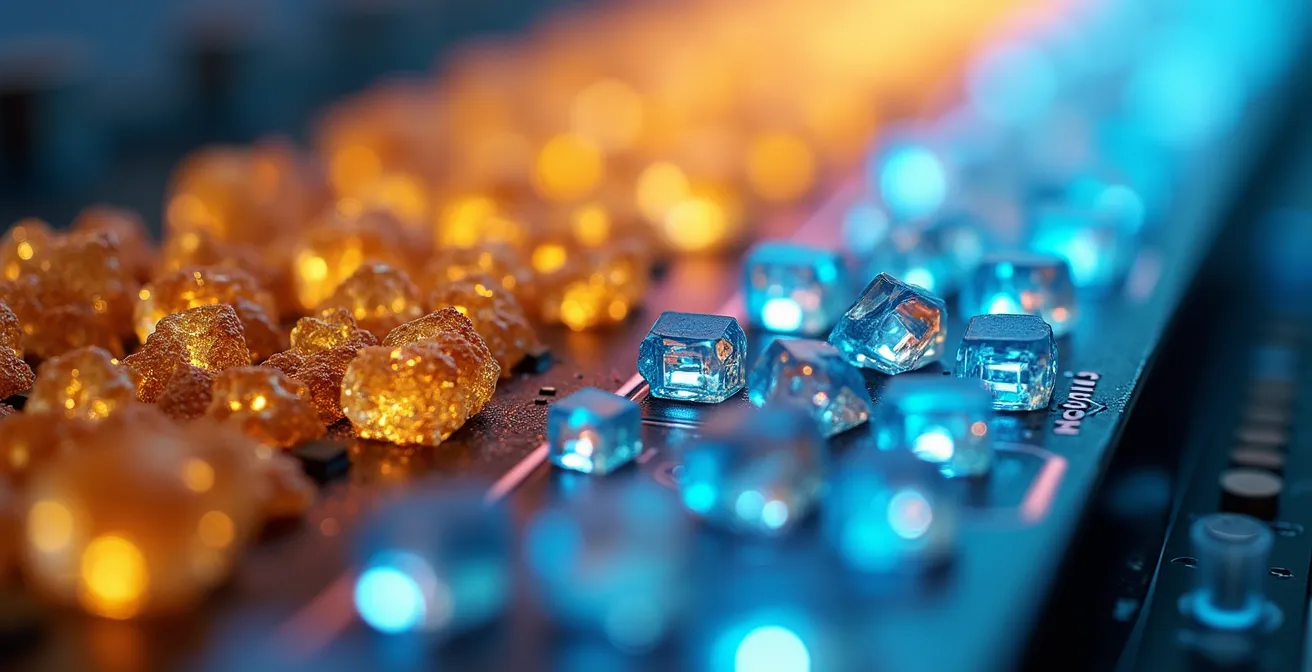 Visualización macro de celdas de memoria SSD mostrando la fragmentación cuando el disco está casi lleno