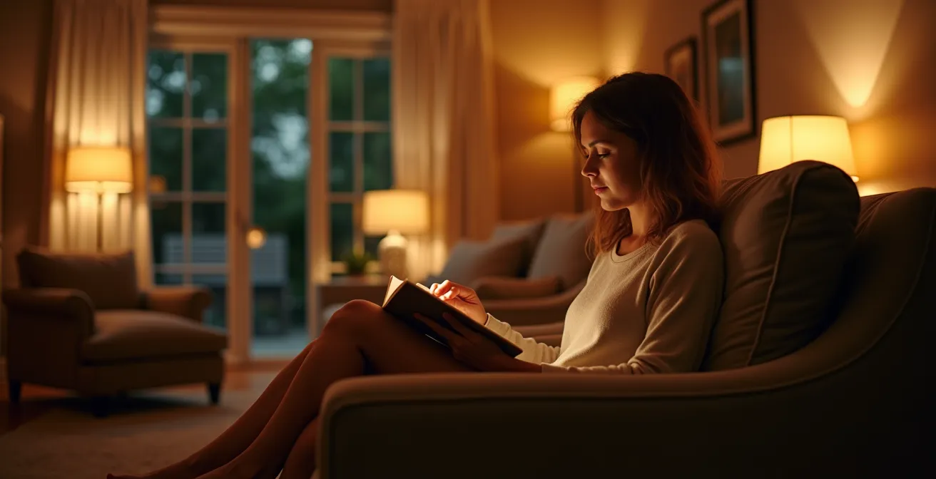 Espacio hogareño con iluminación adaptativa mostrando la transición de una luz brillante de día a una cálida de atardecer.