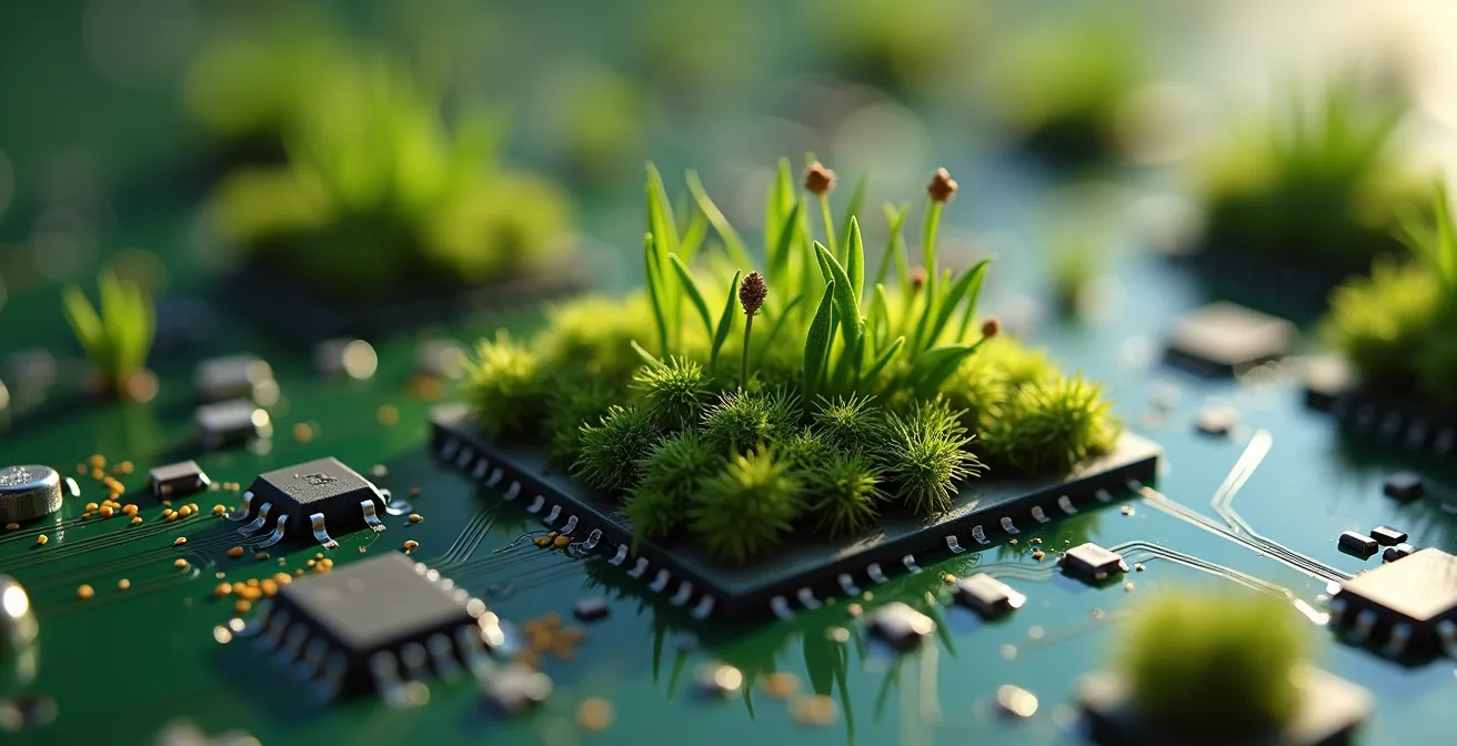 Vista macro de placa de circuito con elementos vegetales creciendo entre componentes electrónicos