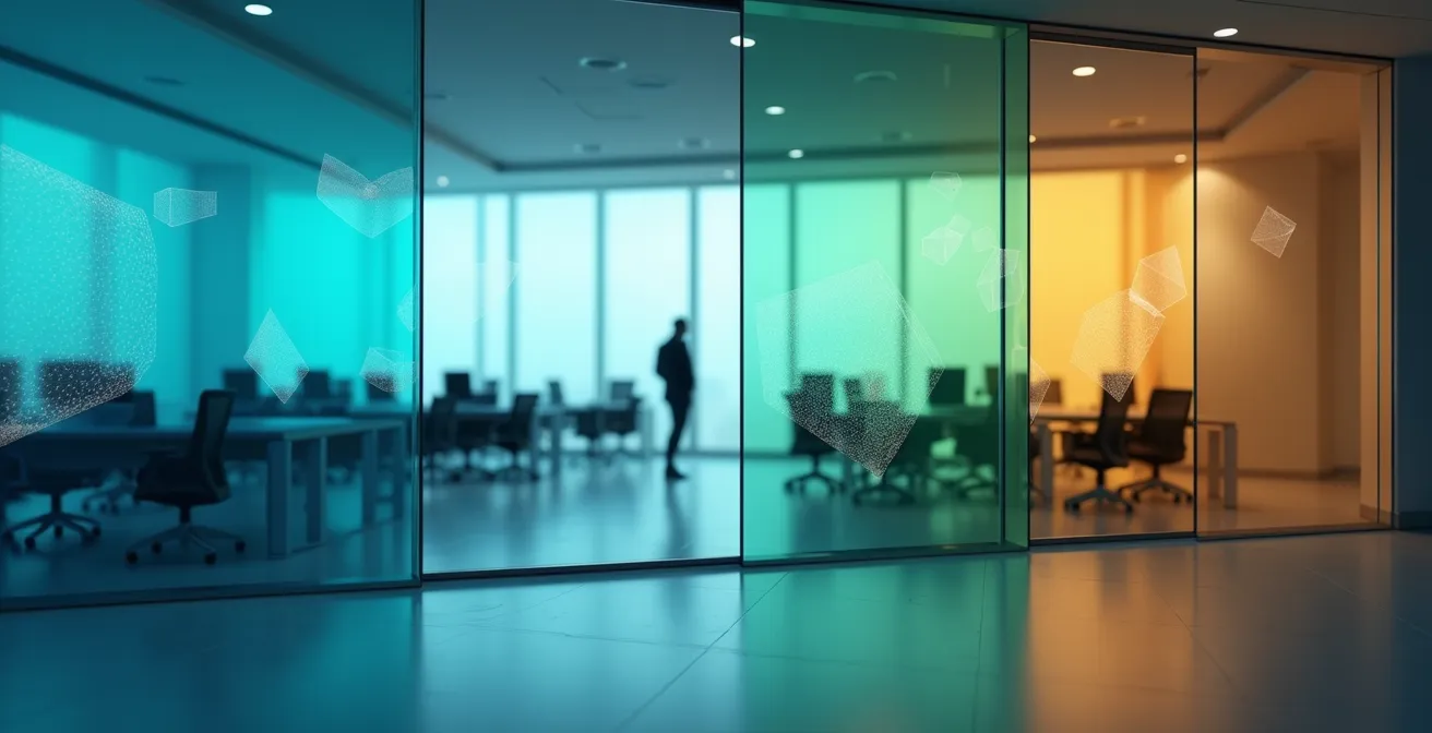 Representación visual de una red empresarial segmentada con diferentes departamentos separados por barreras de cristal luminosas
