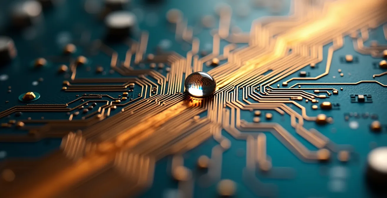 Metáfora visual del ahorro de tiempo usando modelos preentrenados, mostrando una placa de circuito con una vía ya completada y otra en construcción.