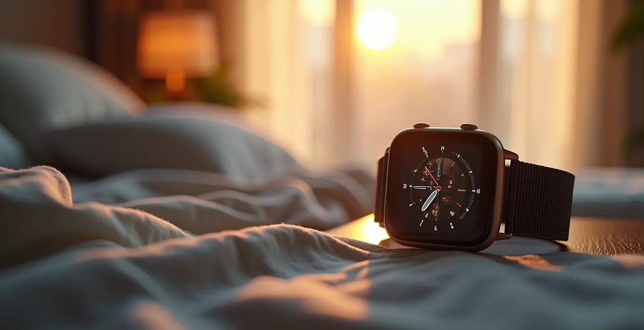 Reloj inteligente mostrando patrones de sueño con gráficos abstractos