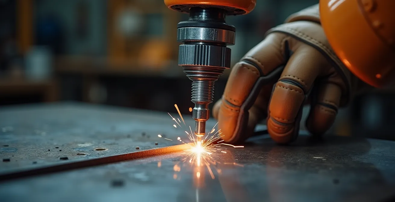 Operario guiando manualmente brazo robótico para enseñarle trayectoria de soldadura