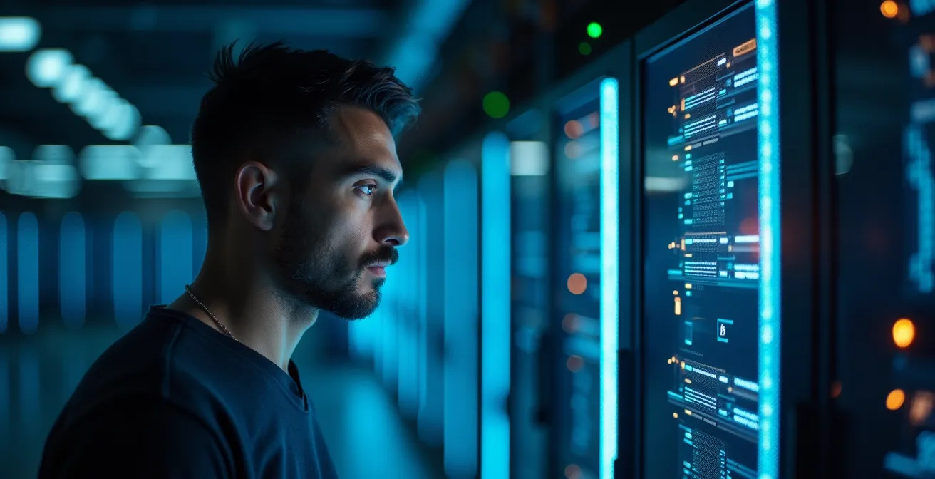 Ingeniero analizando métricas de rendimiento en centro de datos