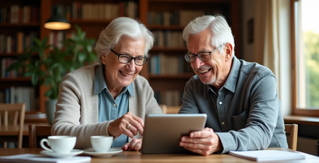 Persona mayor y joven en sesión de formación digital con ambiente acogedor