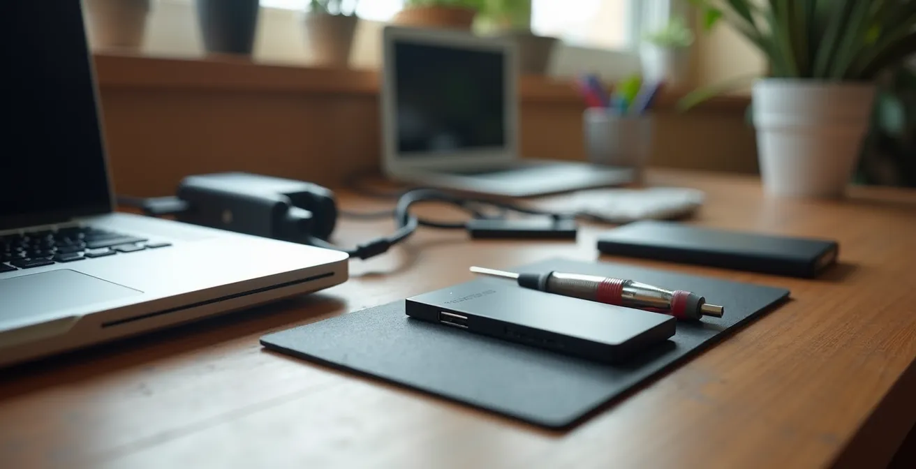 Herramientas profesionales para clonar un disco duro a SSD dispuestas sobre mesa de trabajo