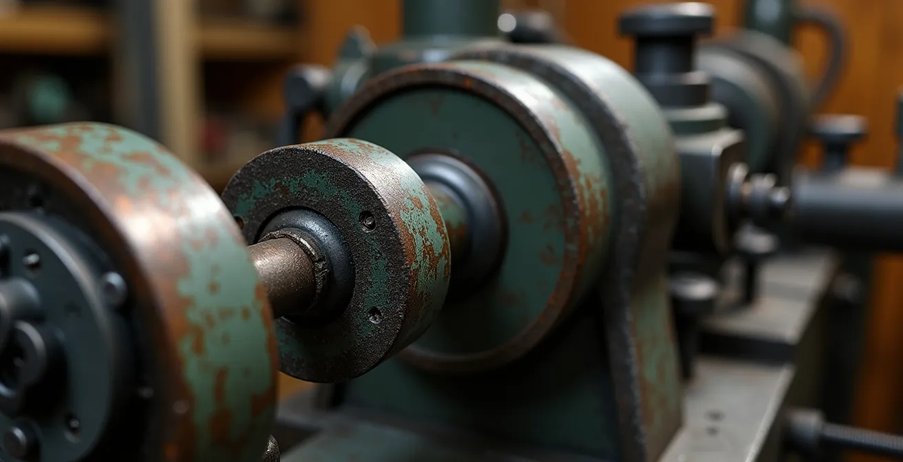 Torno industrial vintage con sensores modernos instalados y conexiones de datos visibles