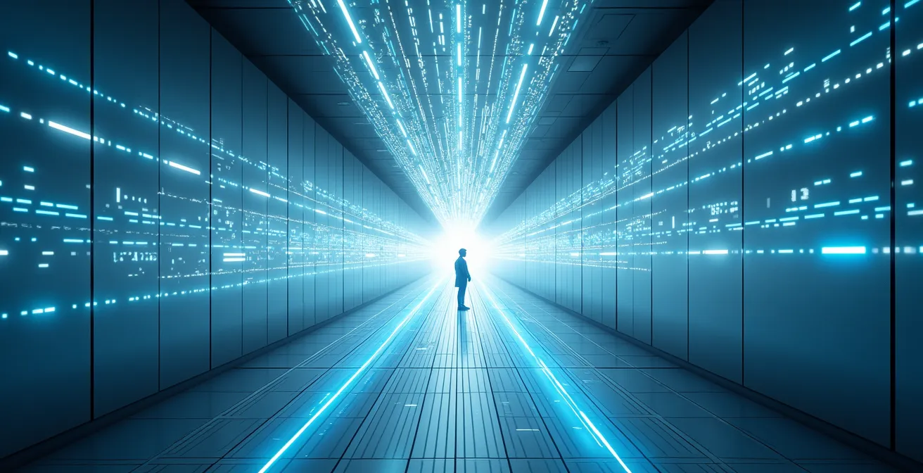 Arquitectura de sistema de archivos paralelos mostrando flujo de datos masivos sin cuellos de botella