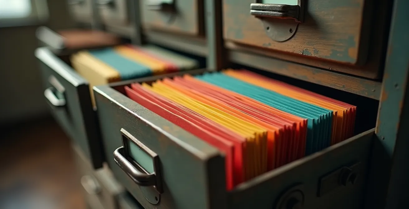 Sistema visual de gestión documental con estructura jerárquica y metadatos en espacio de trabajo moderno