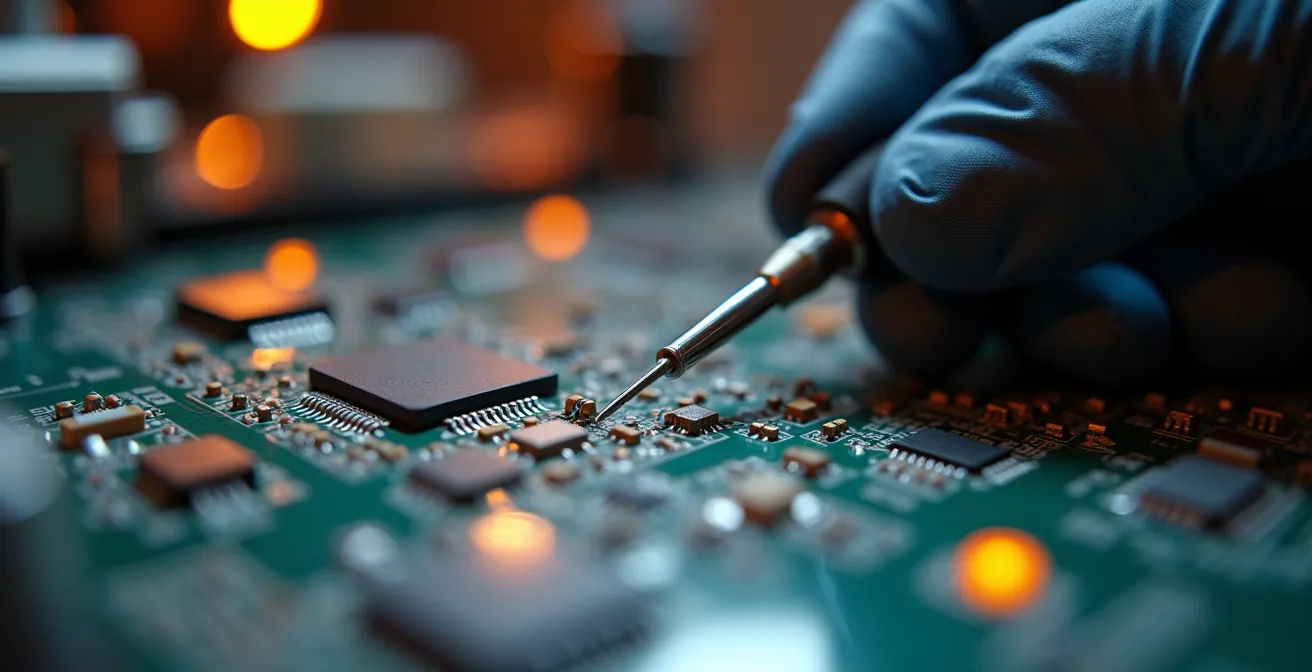 Técnico trabajando en la reparación de un dispositivo IoT con herramientas especializadas