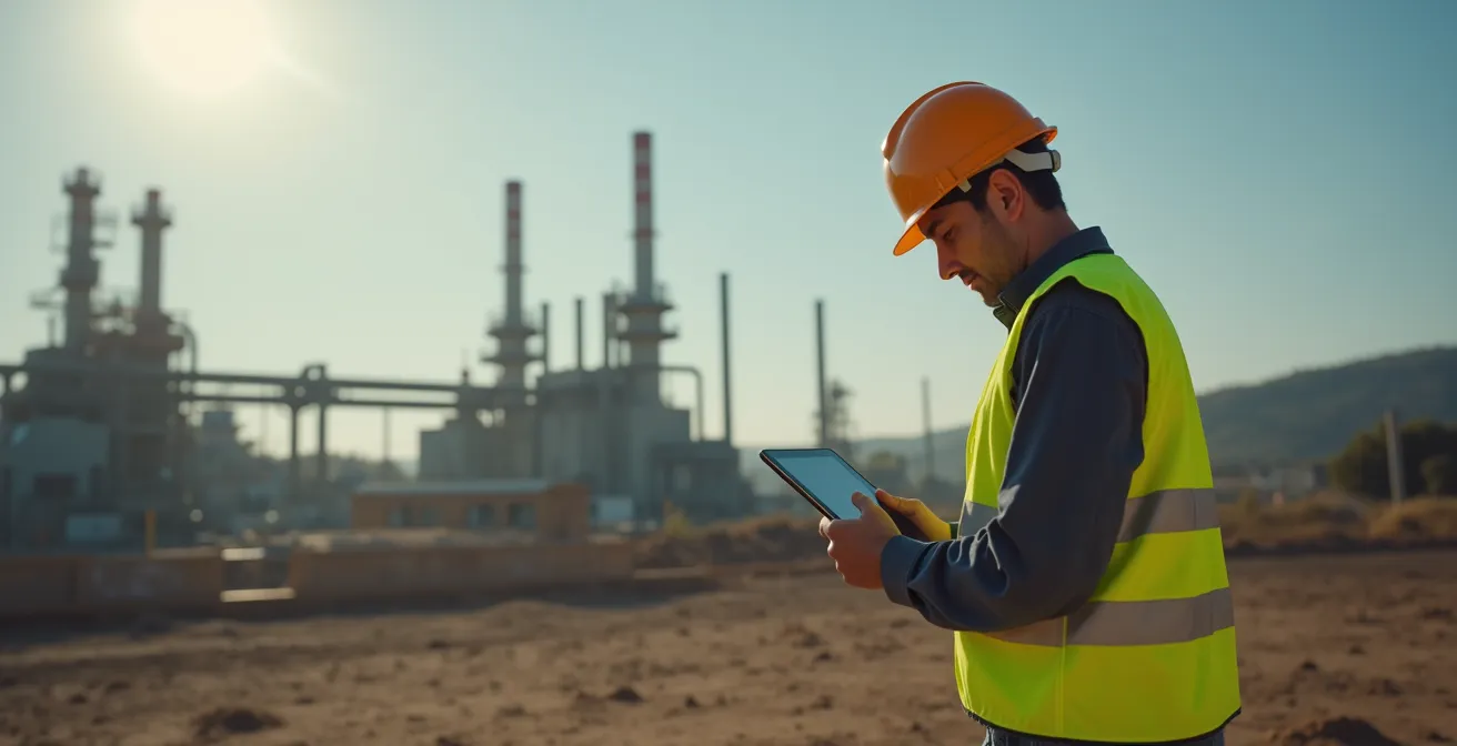 Trabajador de campo usando aplicación móvil en entorno industrial exterior