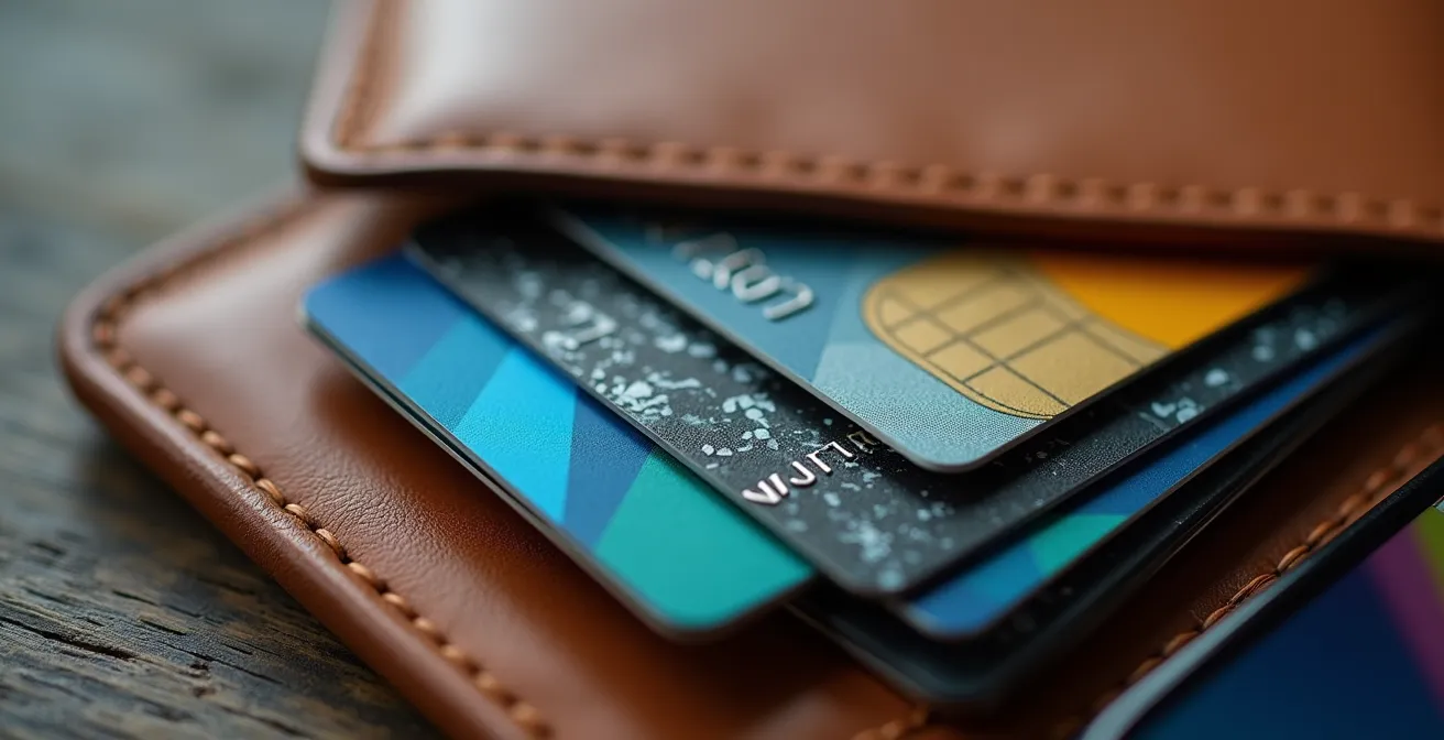 Detalle macro de una cartera abierta mostrando tarjetas físicas y un teléfono móvil con patrones abstractos